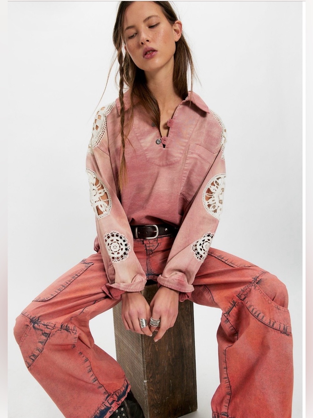 Free People Washed & Crafted Crochet Polo
